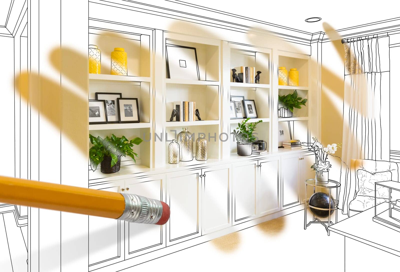 Pencil Erasing Drawing To Reveal Finished Custom Built-in Shelf Design Photograph