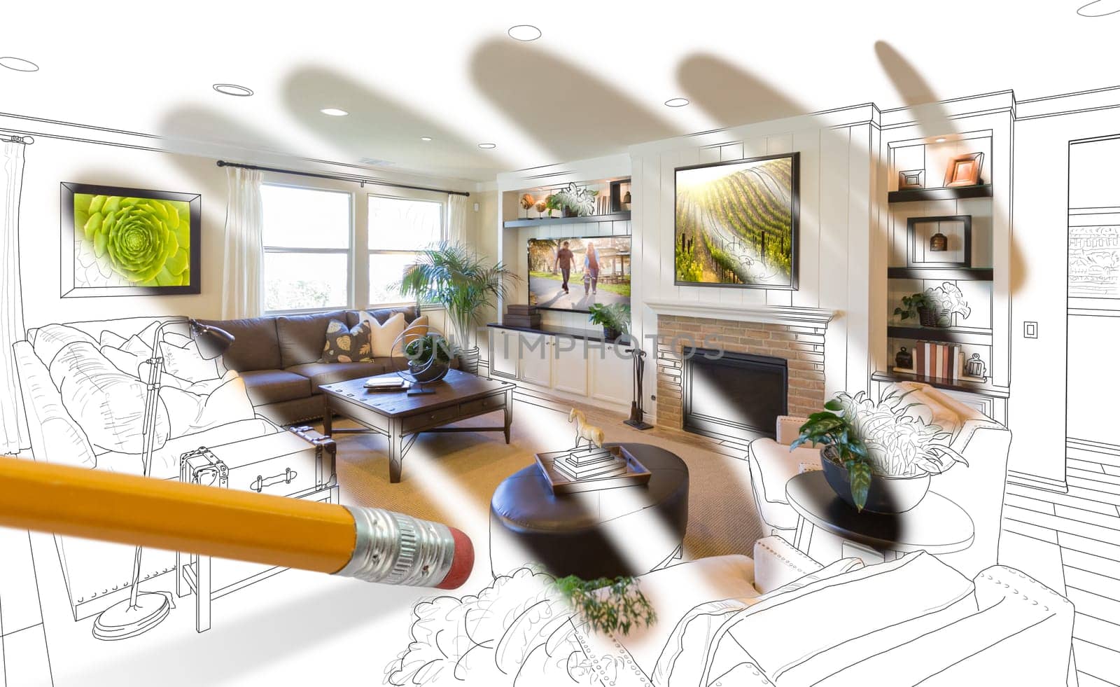 Pencil Erasing Drawing To Reveal Finished Custom Living Room Design Photograph