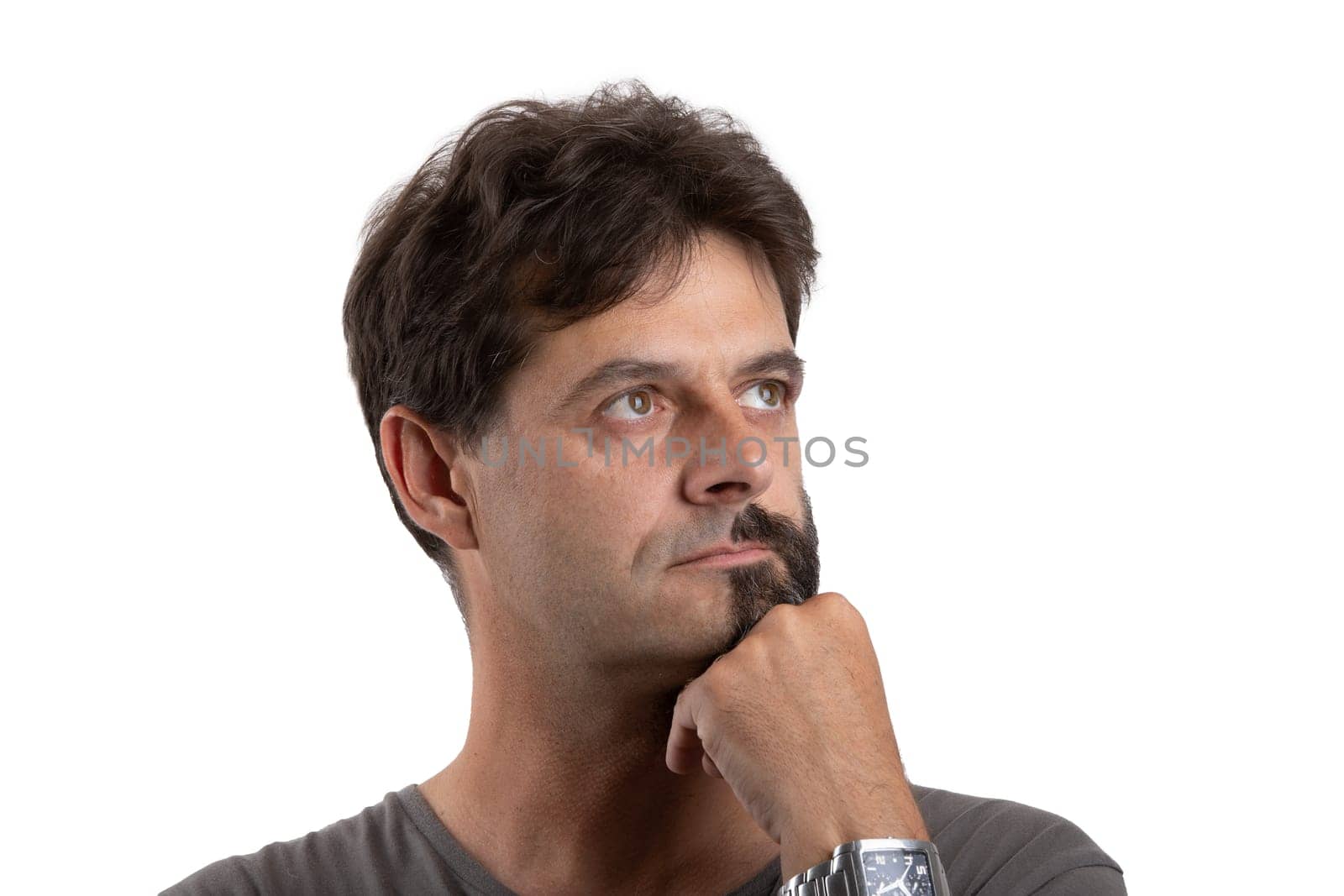 split personality - portrait of forty - 40 years old bearded man with half shaved and unshaven face isolated on white