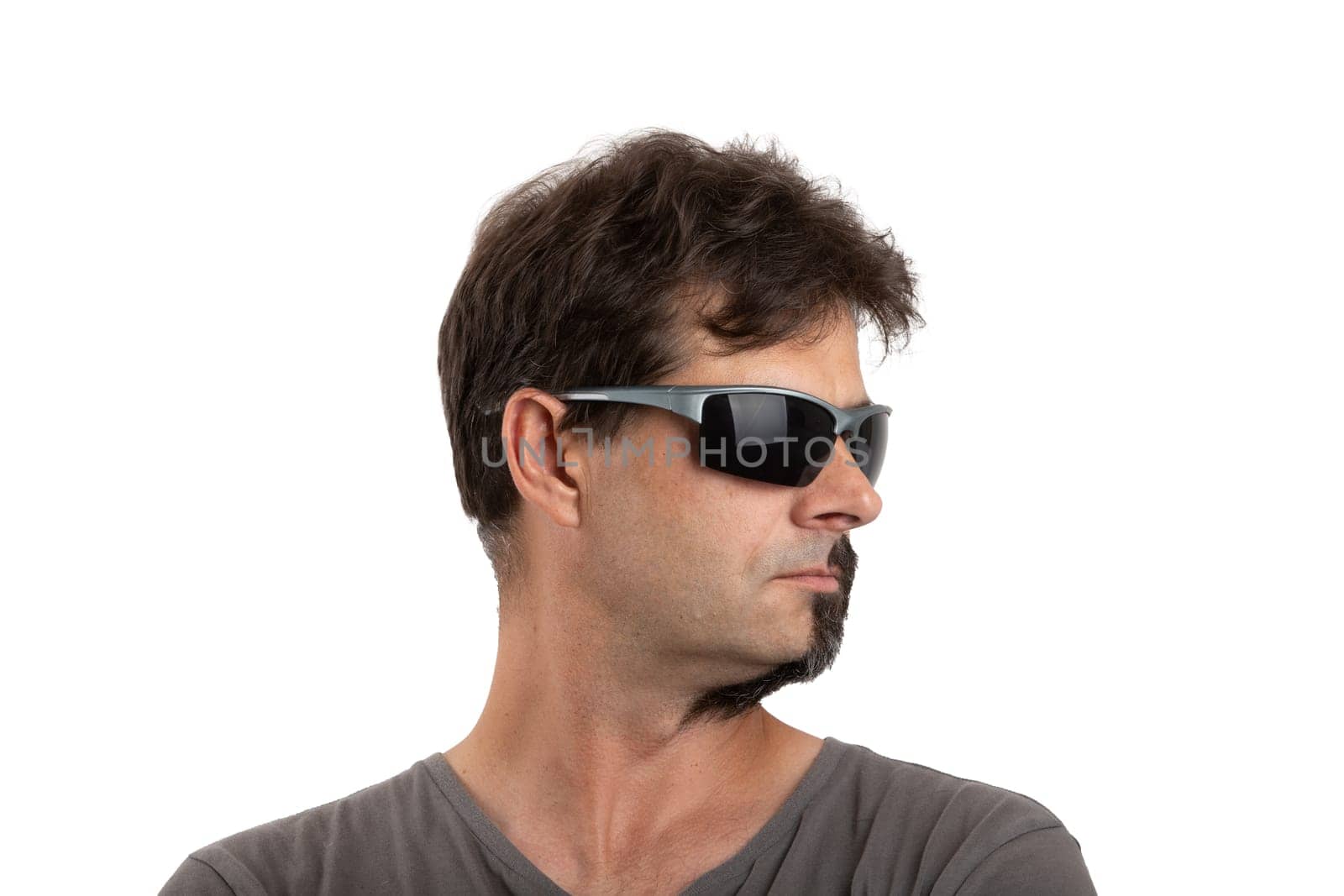 split personality - portrait of ordinary forty - 40 years old bearded man with half shaved and unshaven face with sunglasses isolated on white