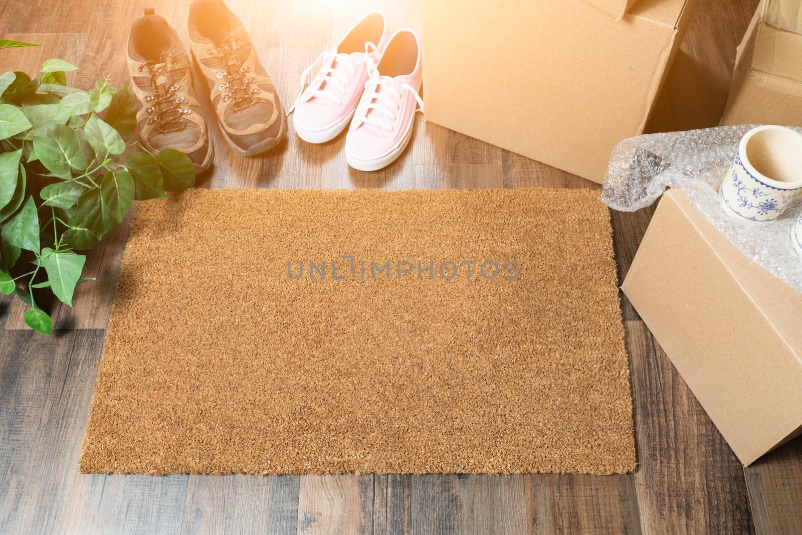Home Sweet Home Welcome Mat, Moving Boxes, Women and Male Shoes and Plant on Hard Wood Floors.