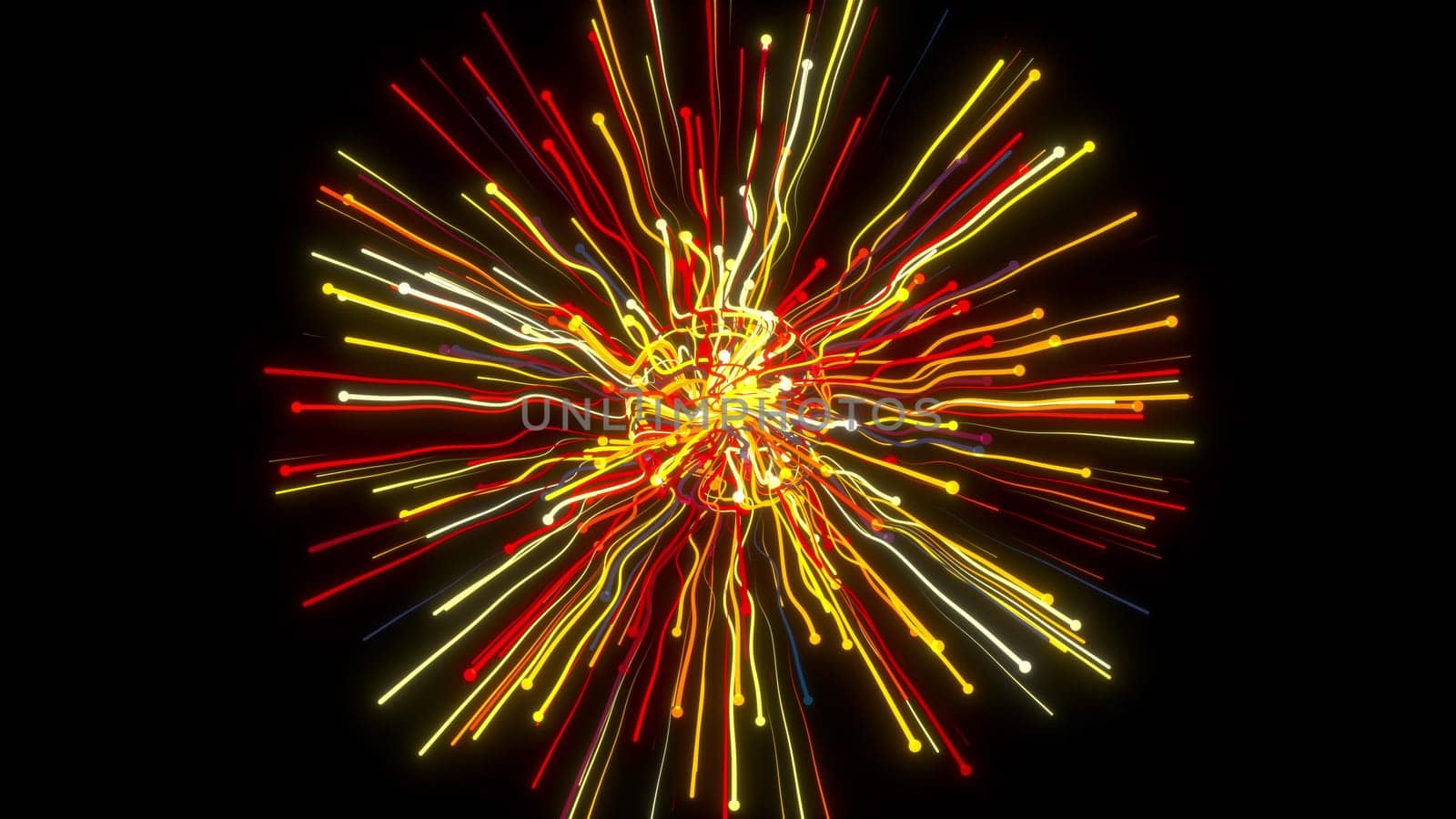 Bright geometric 3d render stripes flying to sides. Digital sunburst festival abstract inflorescence. Ornament outburst of exploded space star with radial streams light.