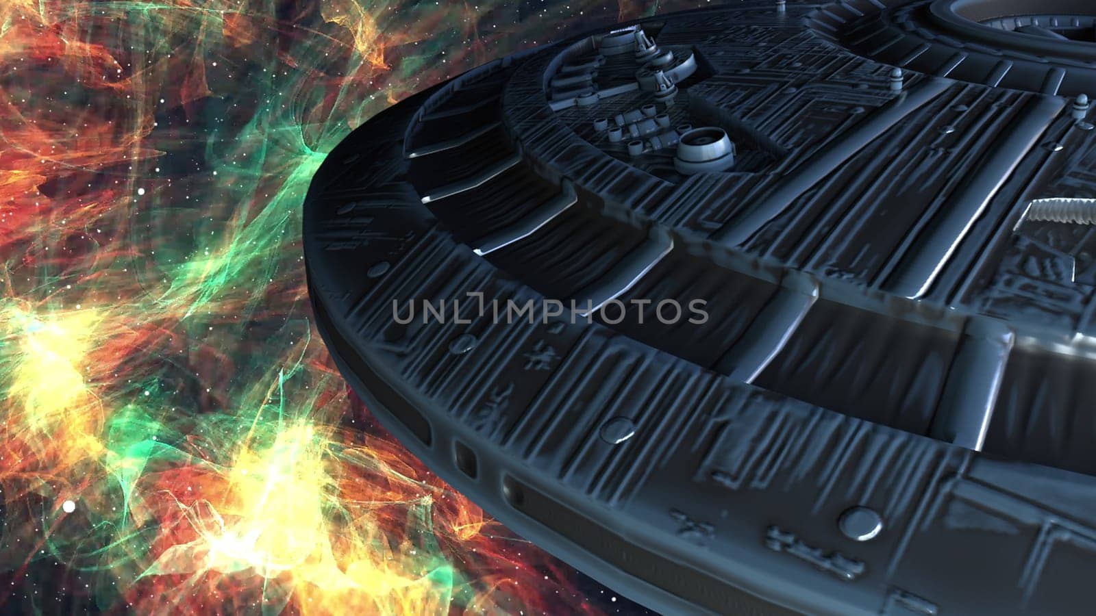 Fantastic combat dreadnought approaching planet. Planetary 3d render destroyer preparing for siege and invasion star system. Round ship scout for exploration depths unknown space.