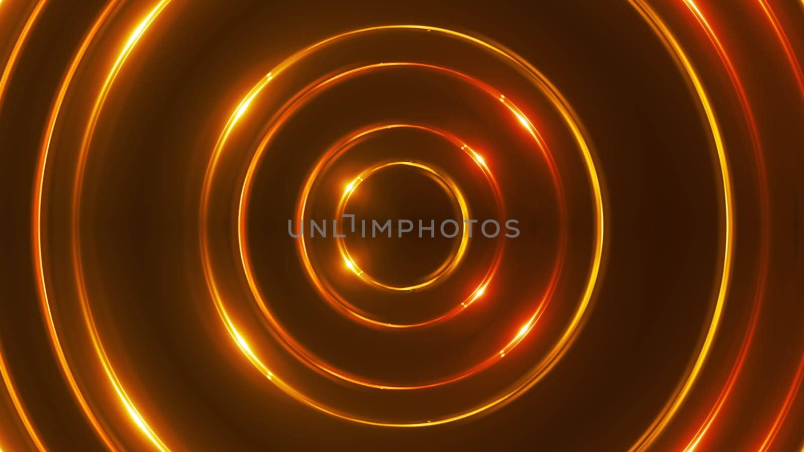 3d render of gold fractal lights with shining effects. Computer generated abstract background of flickering rings.