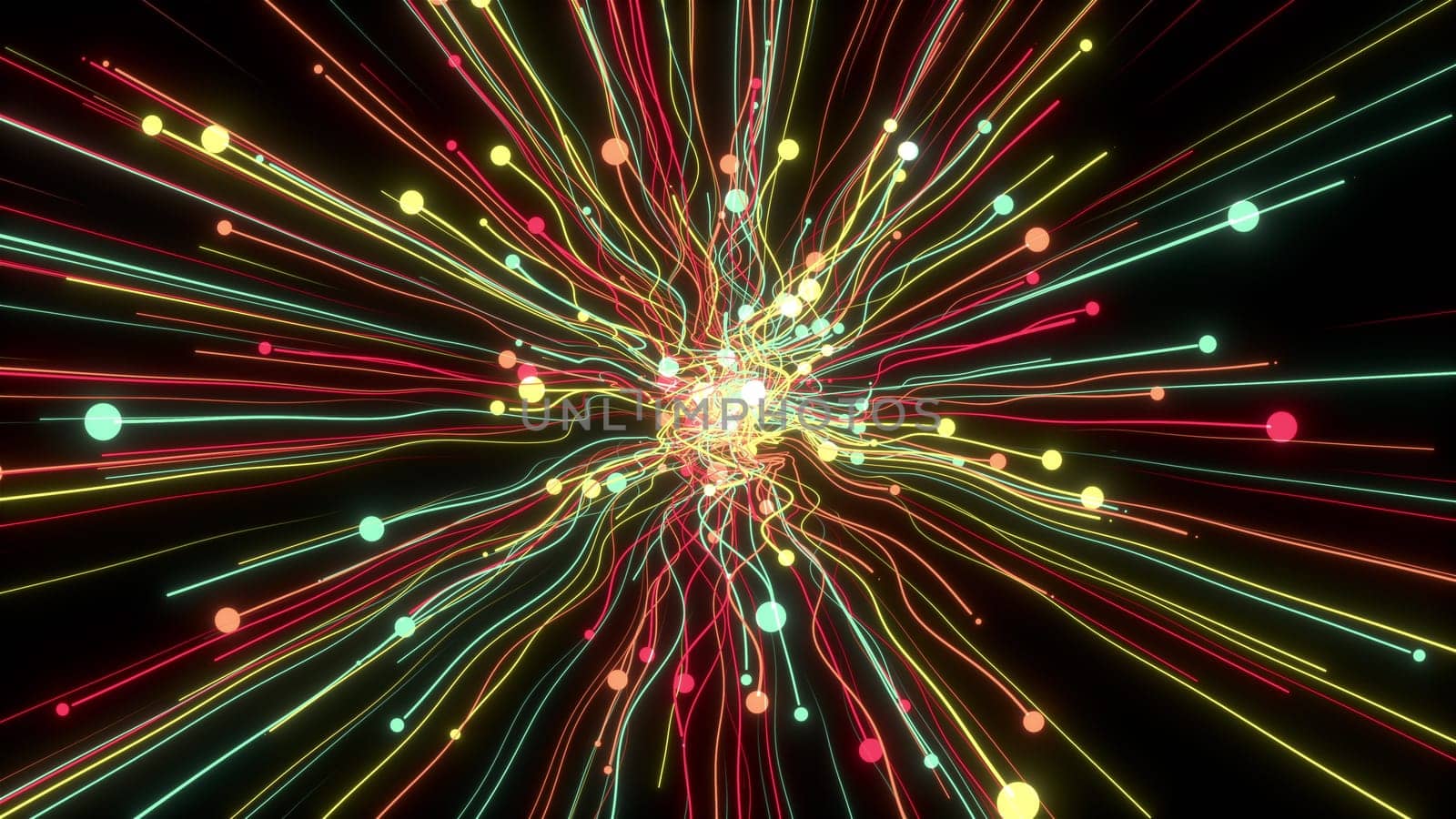 Digital 3d render stripes flying away from bright sphere. Geometric dance particles in spinning distorted space. Abstract supernova explosion with chaotic scribble vortex.