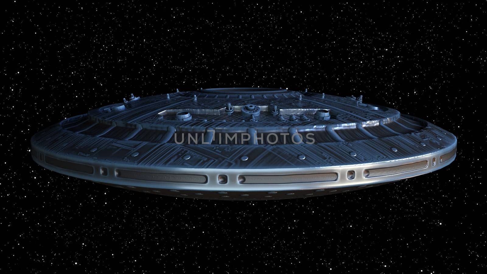 Fantastic combat dreadnought approaching planet. Planetary 3d render destroyer preparing for siege and invasion star system. Round ship scout for exploration depths unknown space.