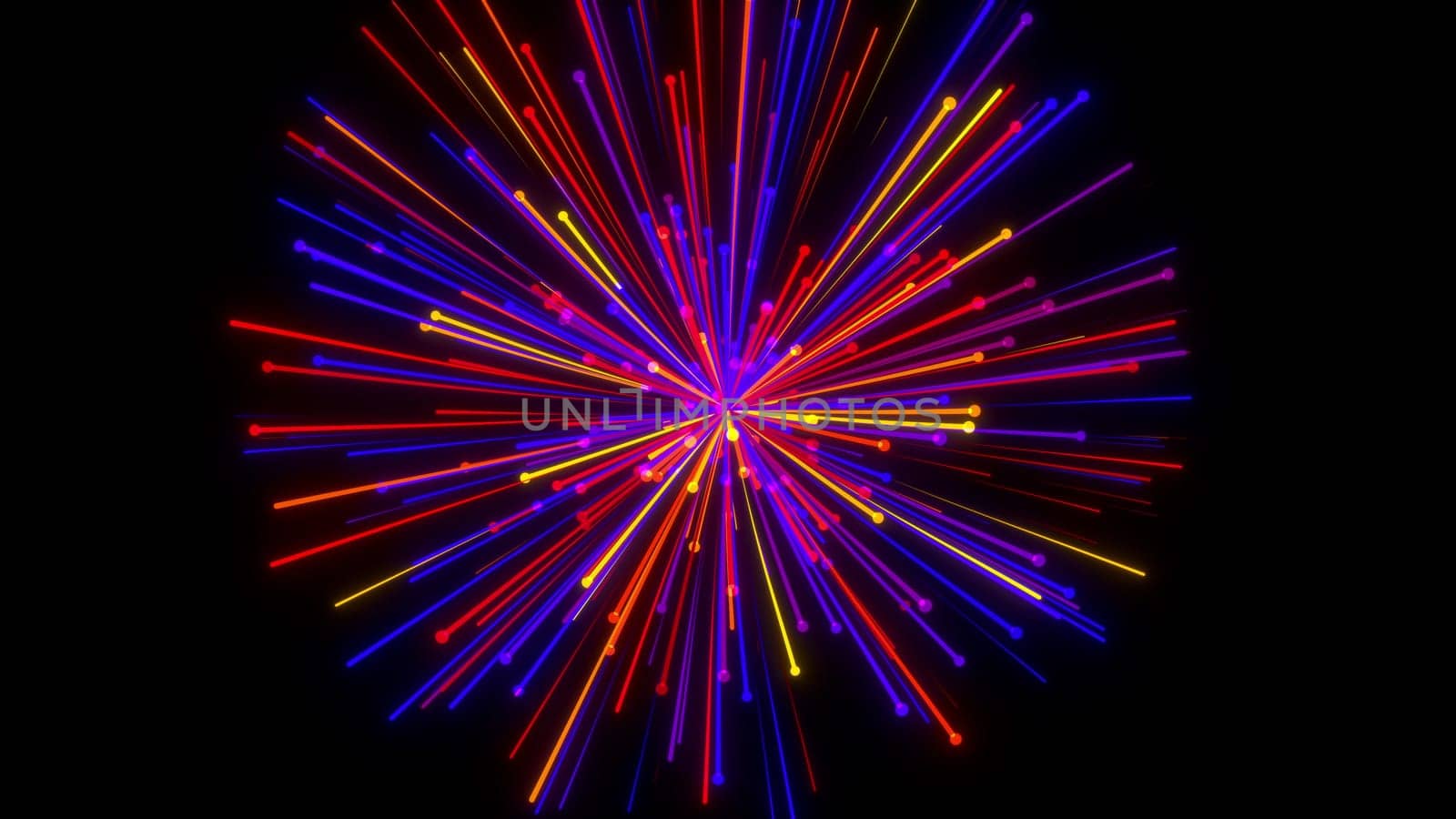 Bright geometric 3d render stripes flying to sides. Digital sunburst festival abstract inflorescence. Ornament outburst of exploded space star with radial streams light.