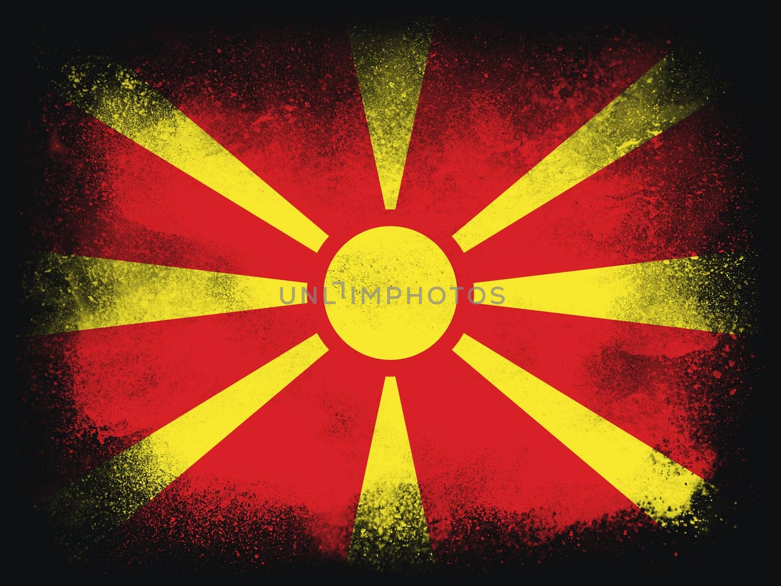North Macedonia Flag design composition of exploding powder and paint, isolated on a black background for copy space. Colorful abstract dust particles explosion. Euro 2020 football symbol for printing