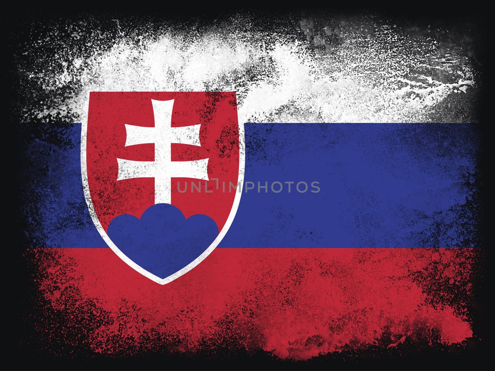Slovakia Flag design composition of exploding powder and paint, isolated on a black background for copy space. Colorful abstract dust particles explosion. Euro 2020 football symbol for printing