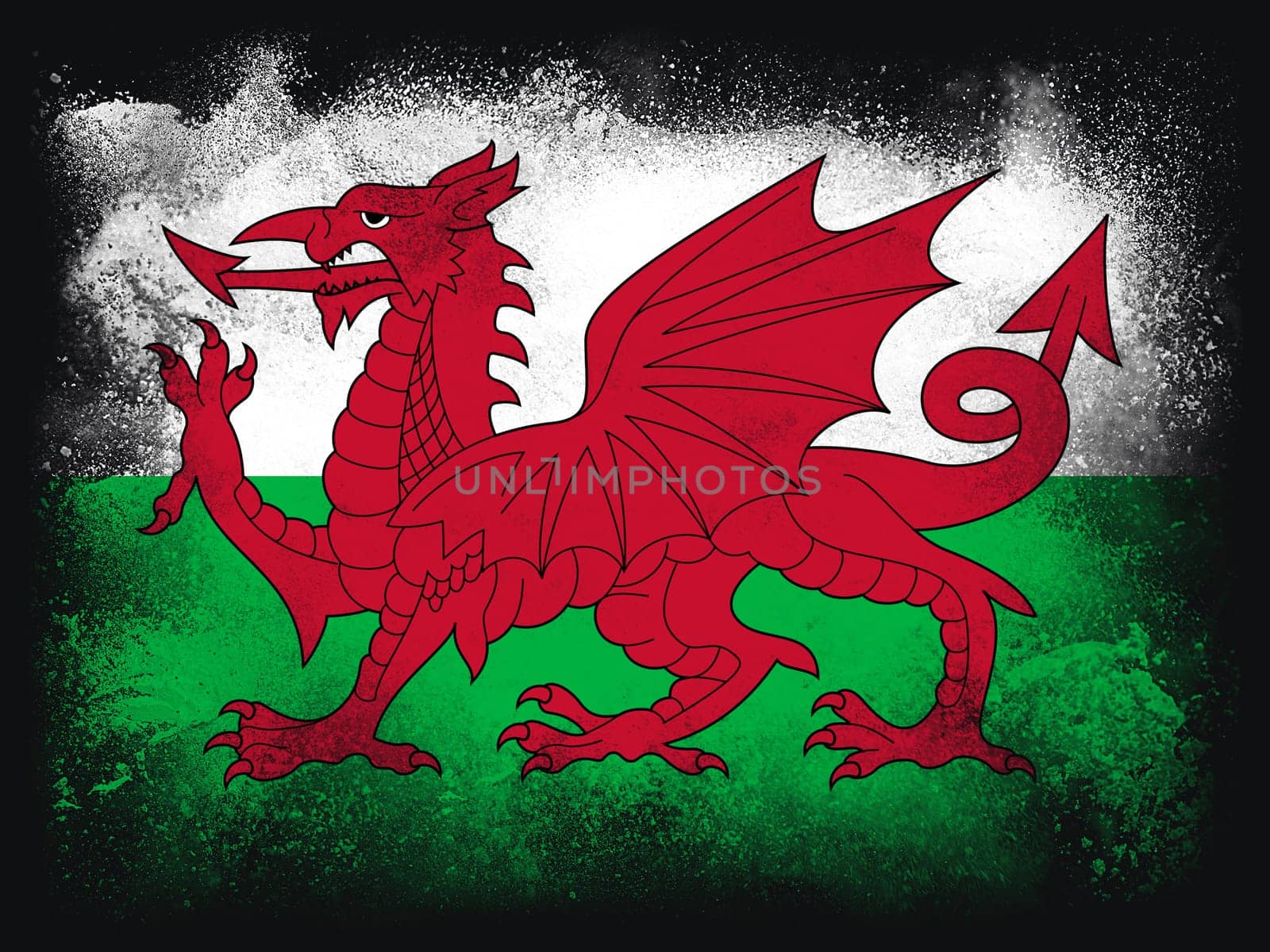 Wales Flag design composition of exploding powder and paint, isolated on a black background for copy space. Colorful abstract dust particles explosion. Euro 2020 football symbol for printing.