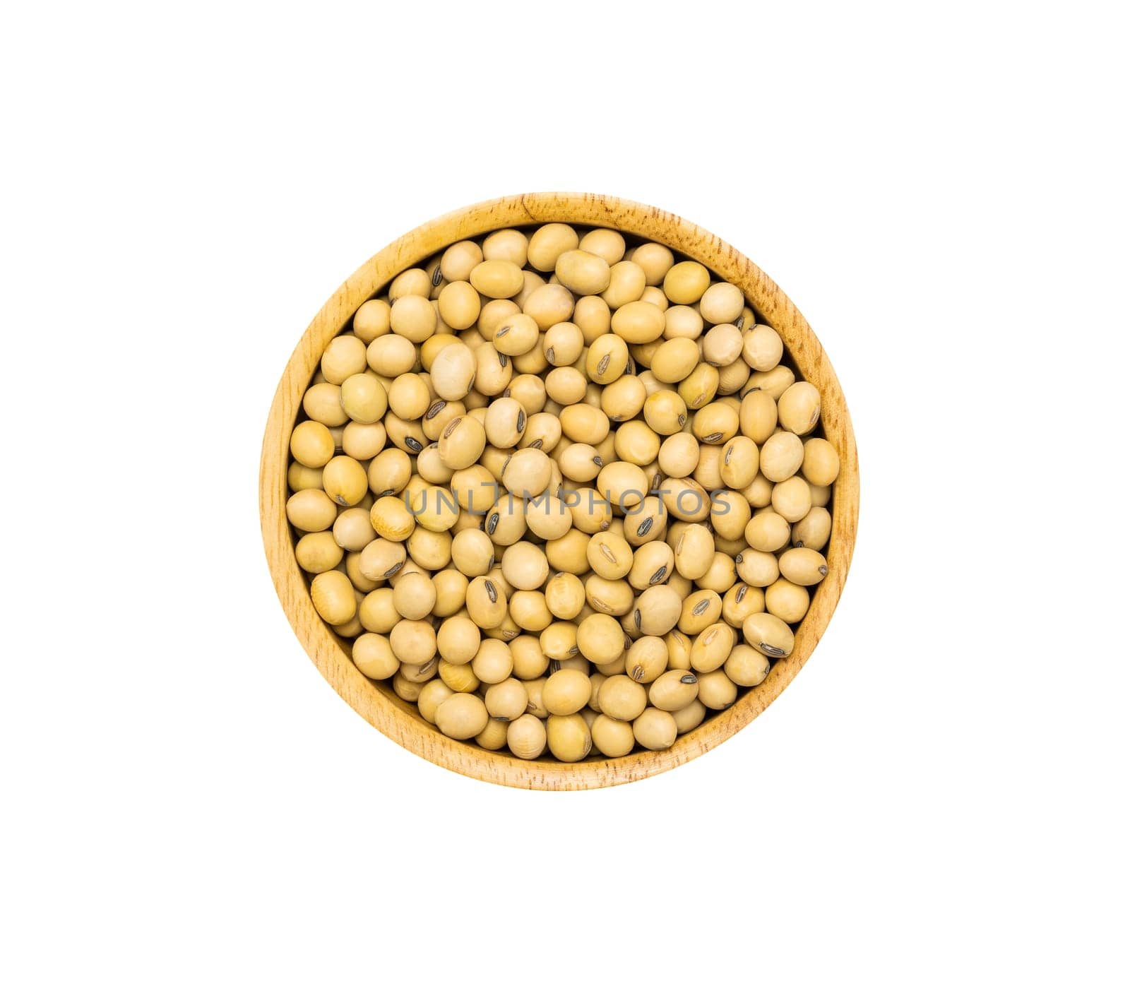 Soybeans in brown wooden bowl isolated on white background, top view. Healthy organic super food concept