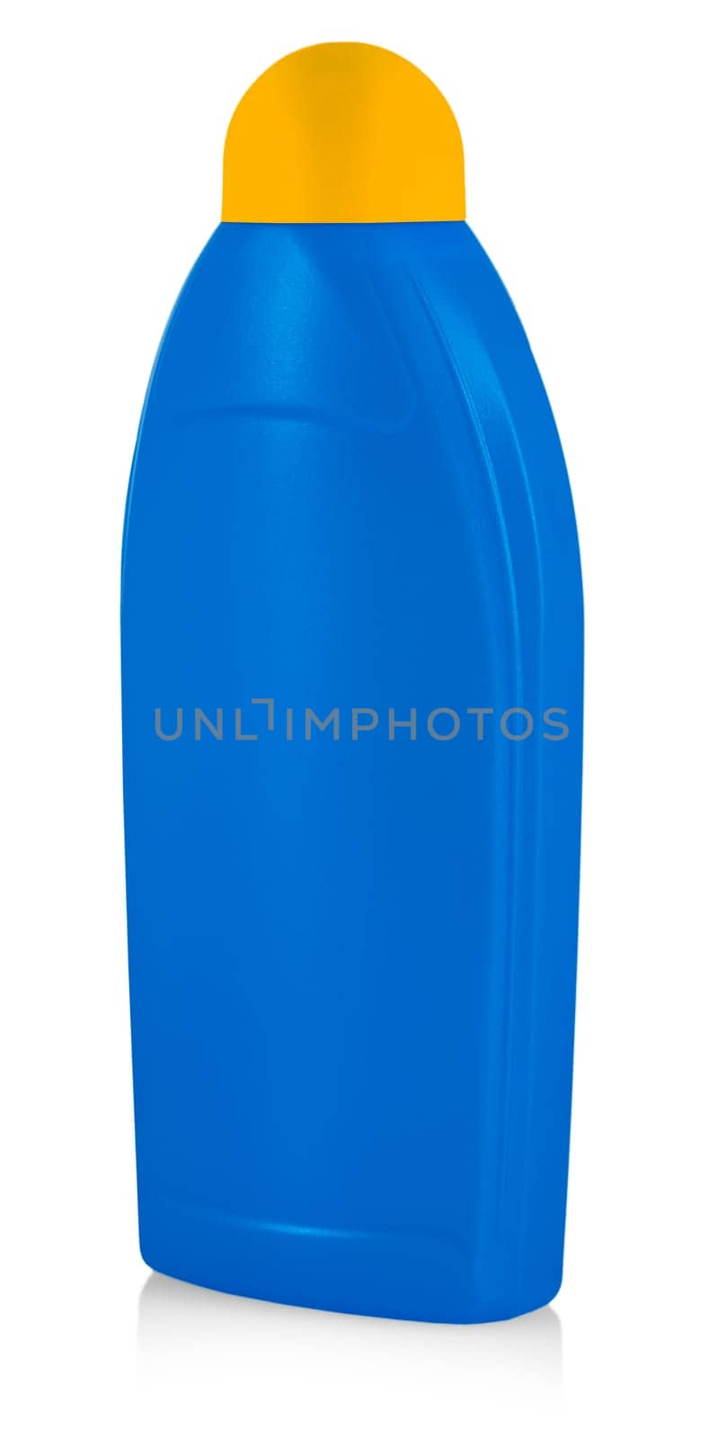 The close up blue plastic bottle with cleaning liquid. Isolated on a white.