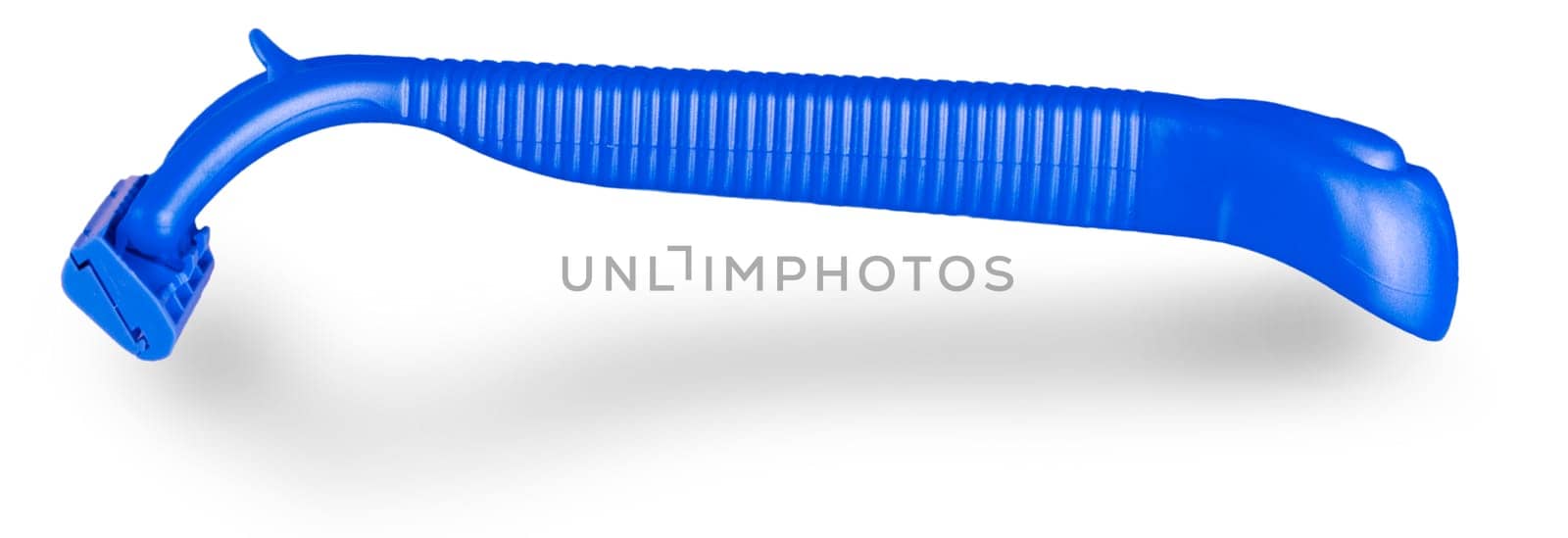 The close up blue plastic disposable shaver isolated on white
