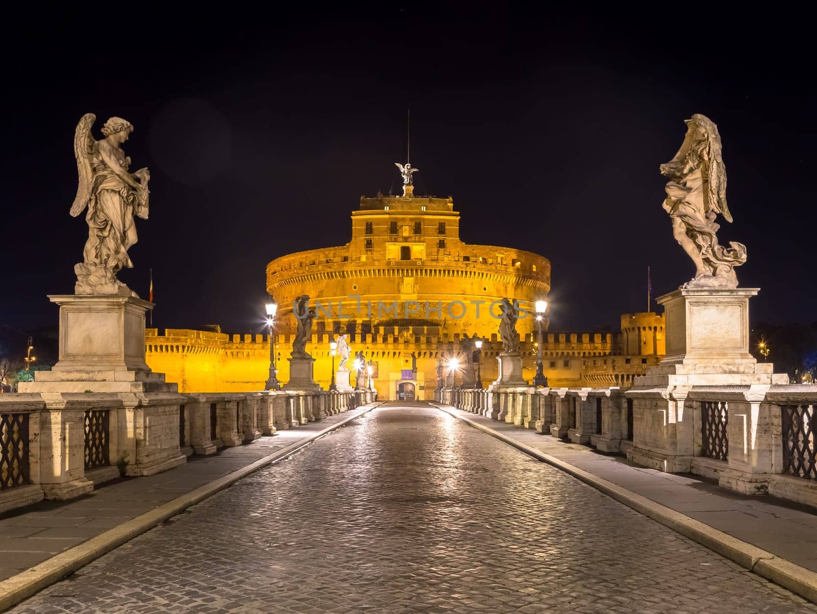 Nobody during night on the bridge in front of Sant'Angelo Castle in Rome