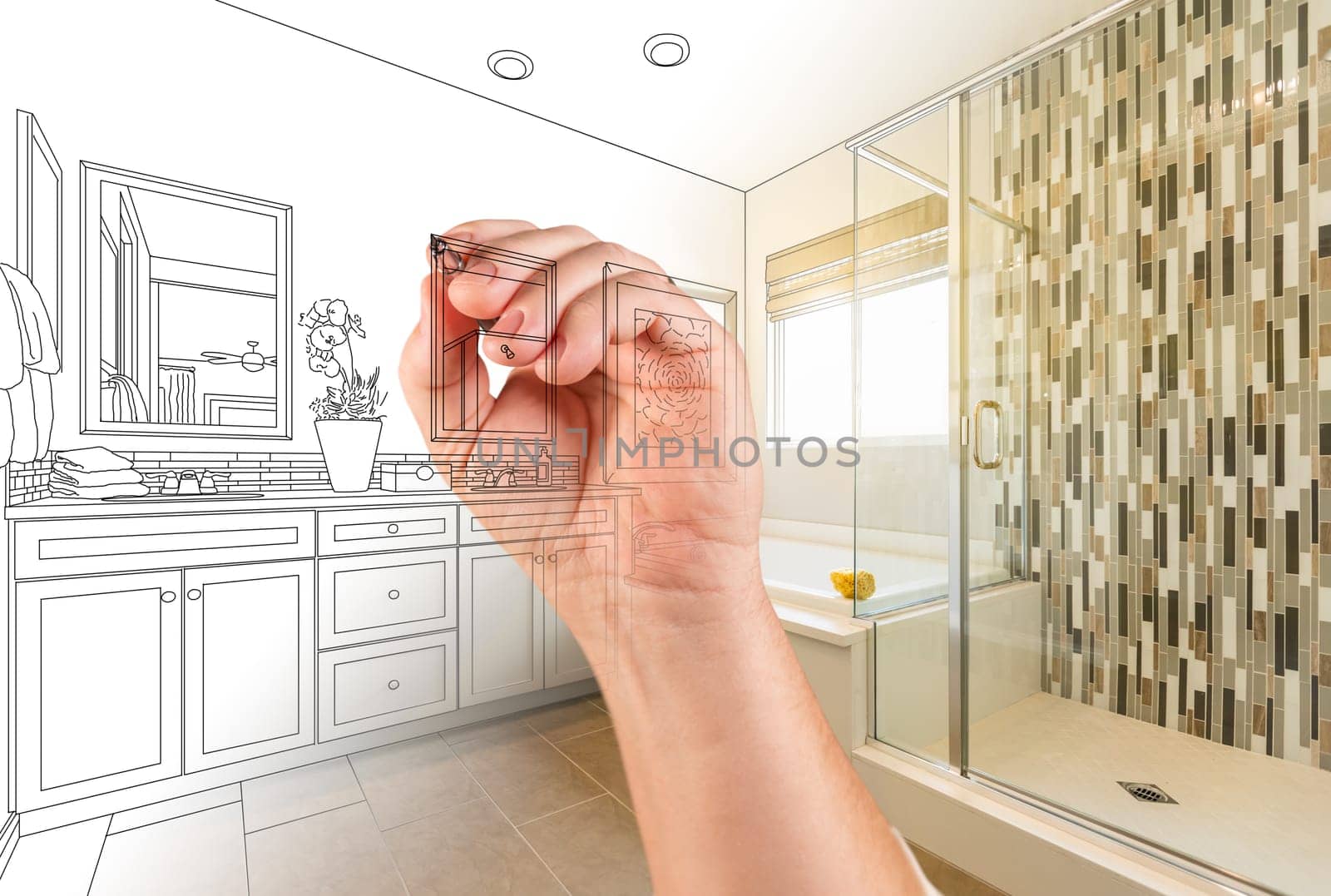 Hand Drawing Custom Master Bathroom with Photo Gradation.