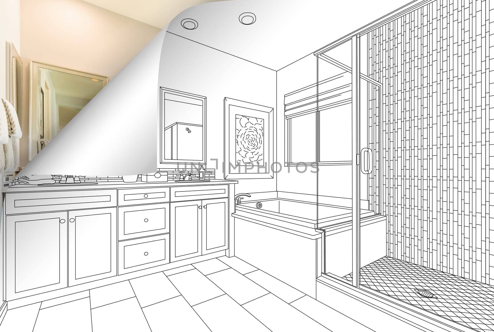 Master Bathroom Drawing Page Corner Flipping with Photo Behind.