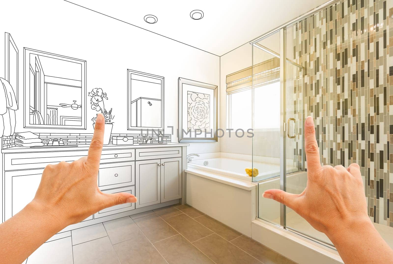 Hands Framing Custom Master Bathroom Drawing and Photo Gradation.