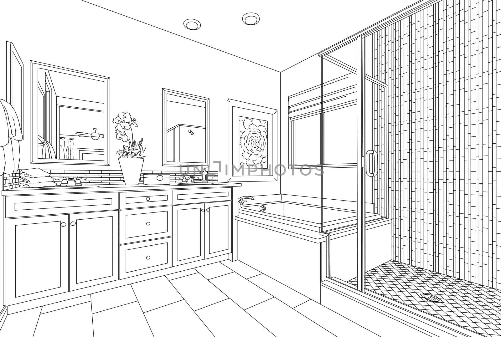 Detailed Drawing of A Custom Master Bathroom on White.