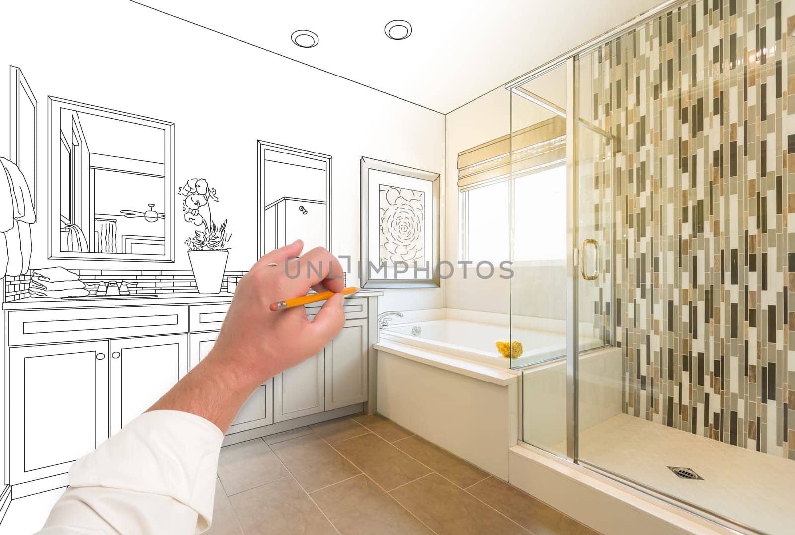 Hand Drawing Custom Master Bathroom with Cross Section of Finished Photograph.