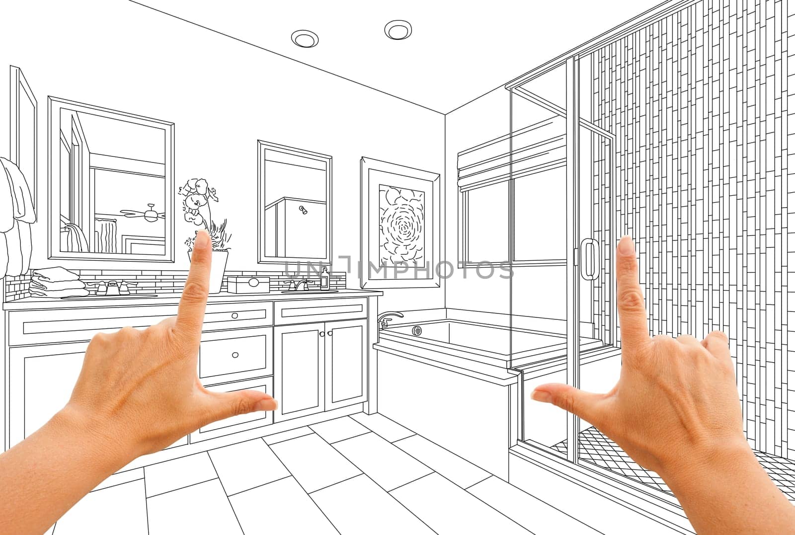 Hands Framing Custom Master Bathroom Drawing.