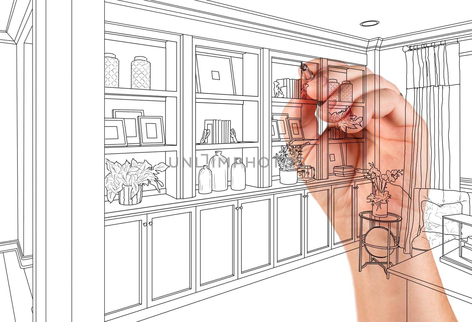 Hand Drawing Home Built-in Shelves and Cabinets on White.