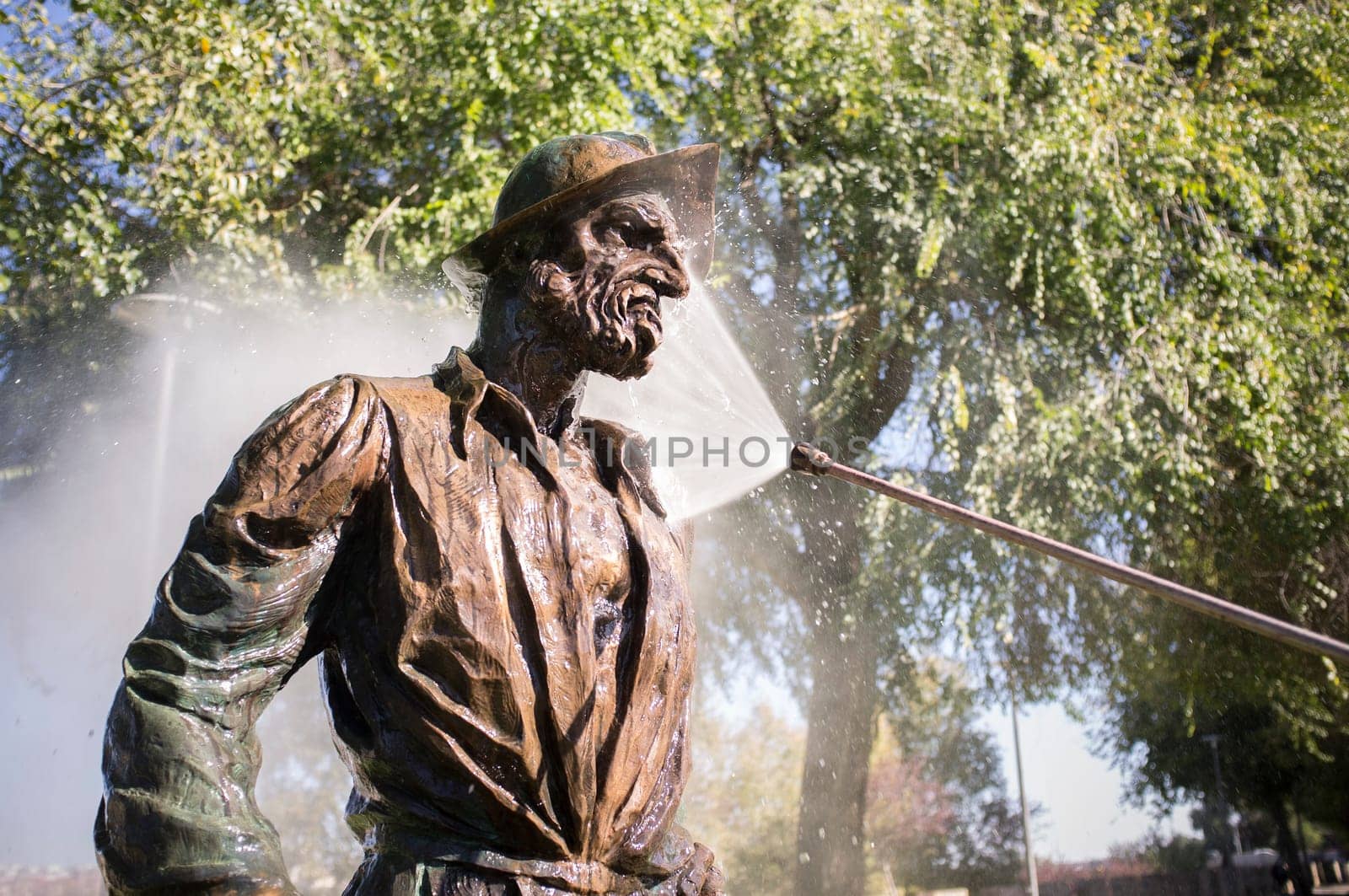 Badajoz, Spain - Oct 15th, 2020: Francisco Pizarro statue being washed with pressure gun after been vandalized