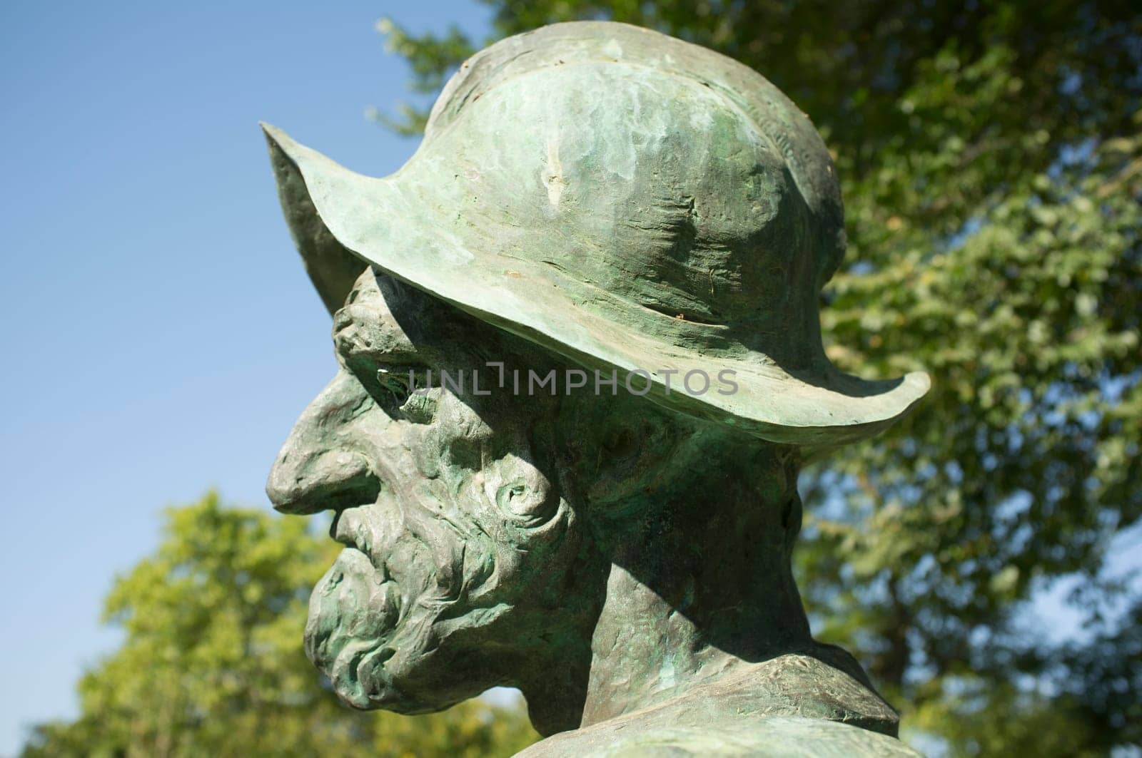 Badajoz, Spain - September the 7th, 2020: Francisco Pizarro statue. Profile closeup. Spanish Conqueror of Inca Empire. Made by Estanislao Garcia in 2003