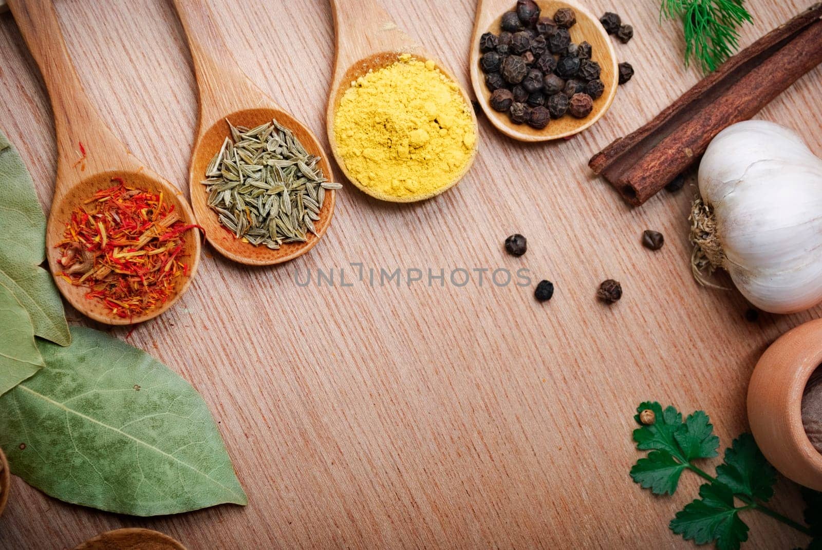 Various of spices in wooden spoon