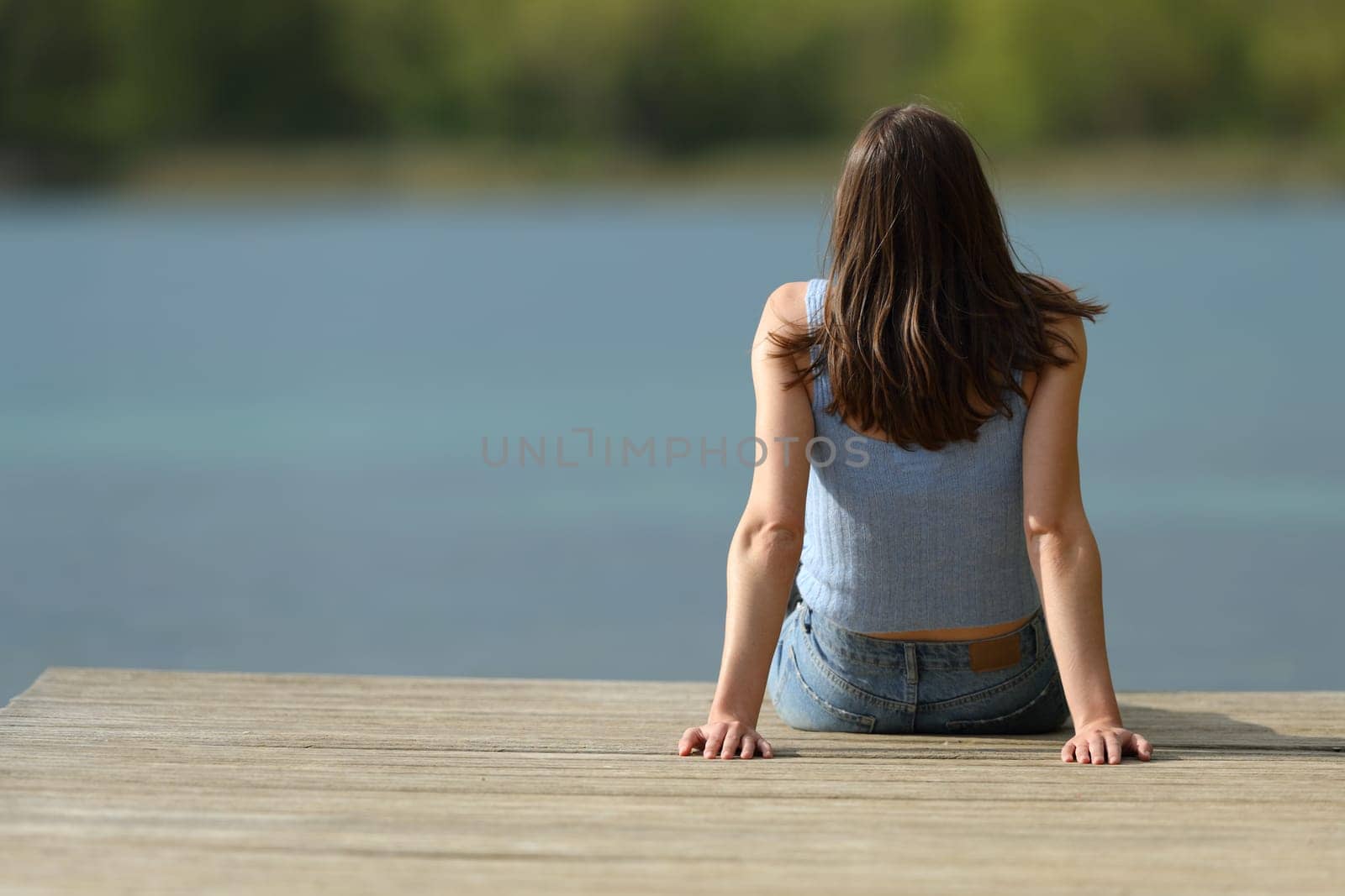 Back view of a woman sitting in a pier contemplating lake