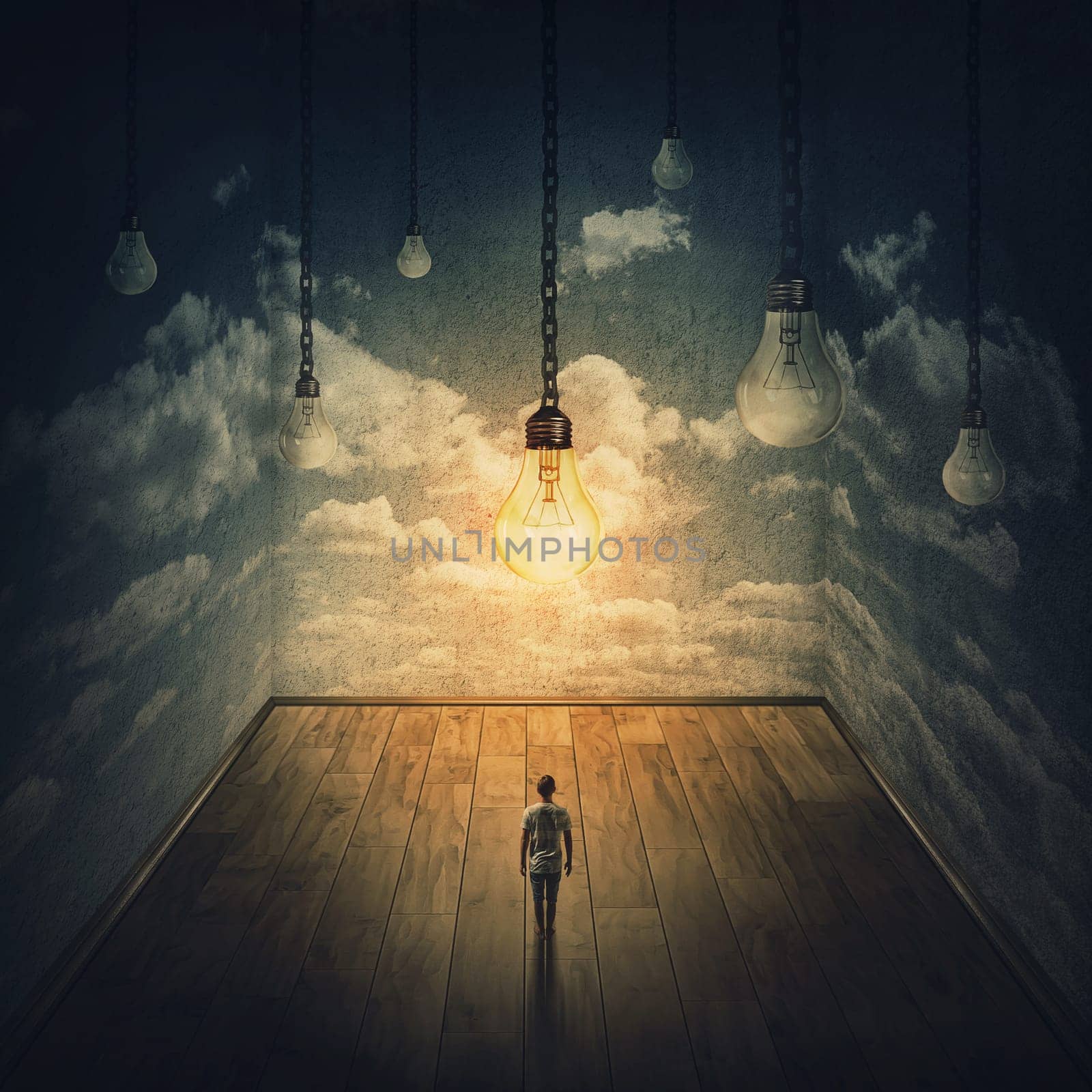 Surreal scene with a person isolated in a huge dark room and a lot of light bulb hangs above his head, only one lamp is glowing. Adventure in search of knowledge, creative idea concept