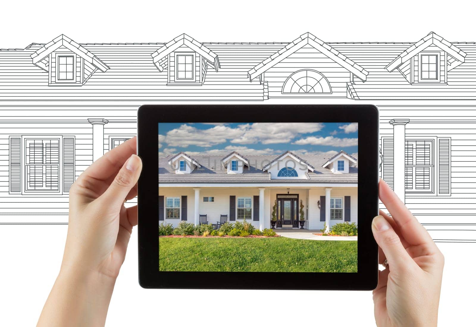 Female Hands Holding Computer Tablet with House Photo on Screen & Drawing Behind.