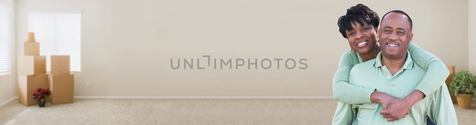 Banner of Happy African American Couple Inside Empty Room with Moving Boxes.