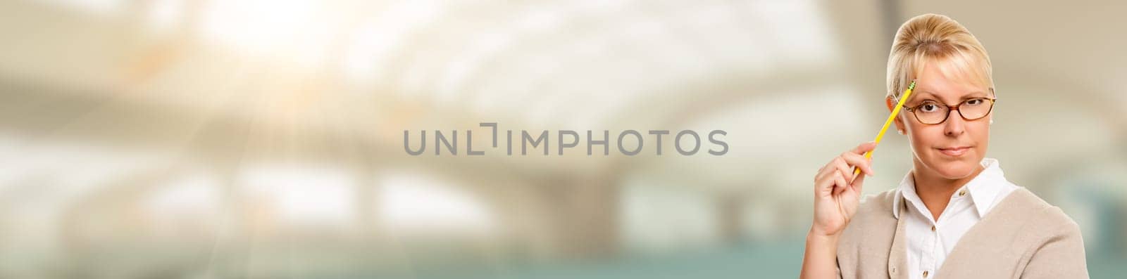 Banner of Beautiful Expressive Student or Businesswoman with Pencil.