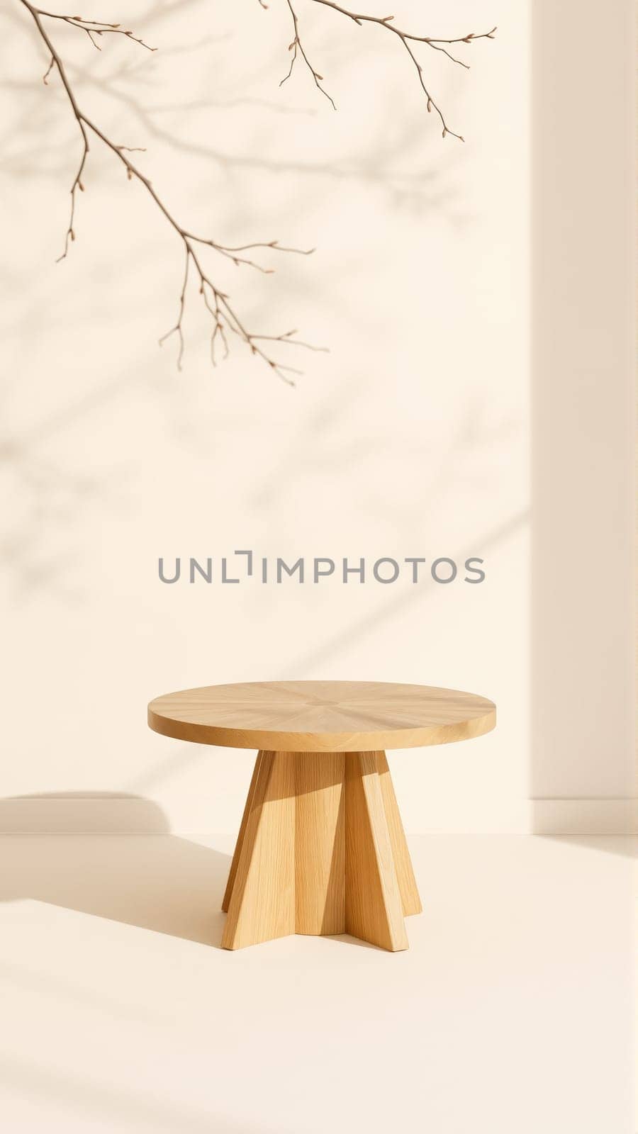 A simple wooden table with a round top filled with a coating that provides sunlight. The delicate shadows of leafy branches play on the textured cream wall in the background. High quality photo