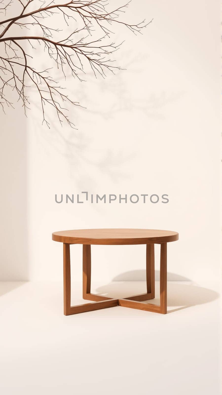 A simple wooden table with a round top filled with a coating that provides sunlight. The delicate shadows of leafy branches play on the textured cream wall in the background. High quality photo