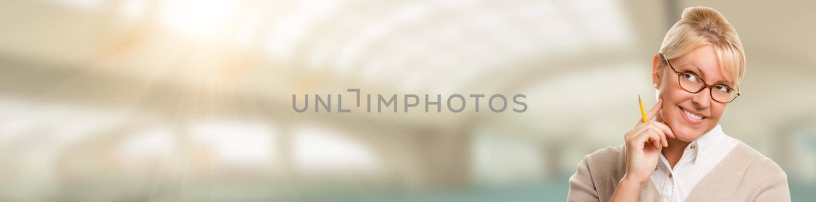 Banner of Beautiful Expressive Student or Businesswoman with Pencil.