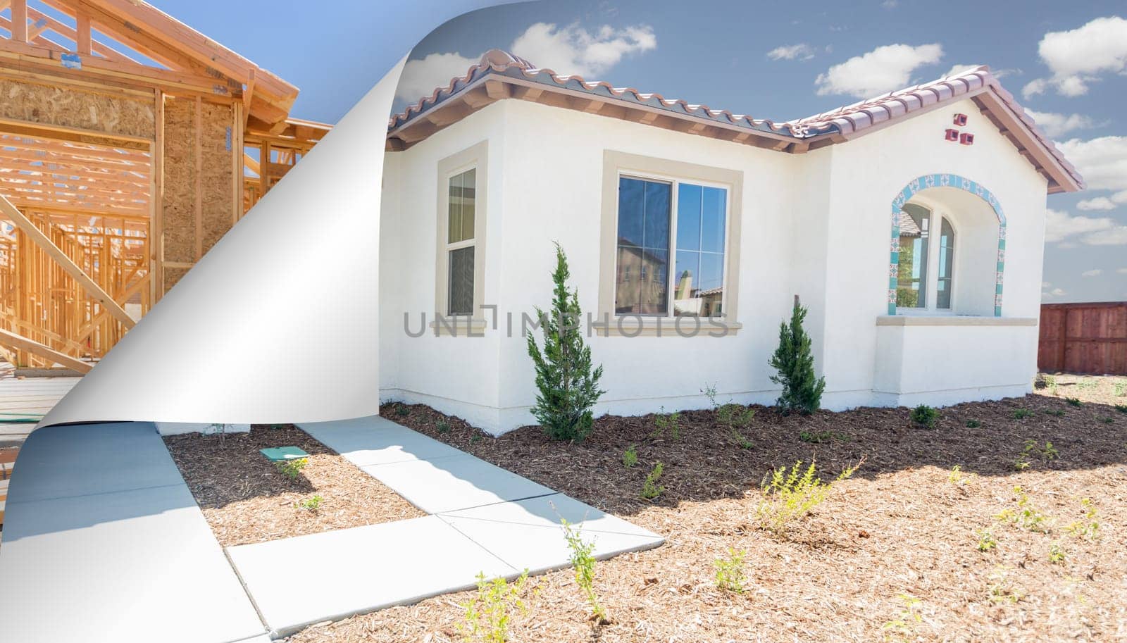 Completed House with Page Corner Flipping to Construction Framing Behind.