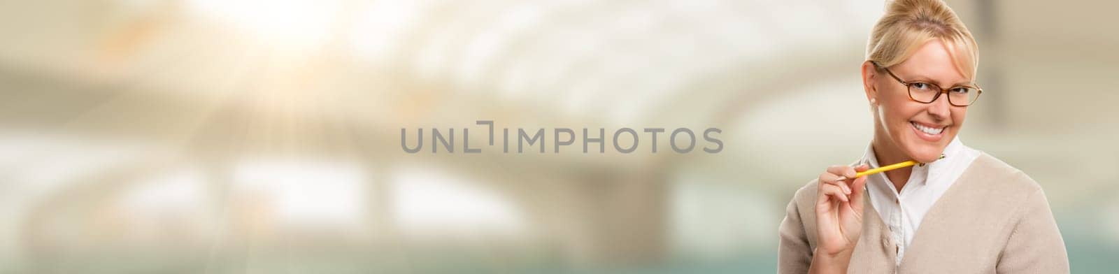 Banner of Beautiful Expressive Student or Businesswoman with Pencil.