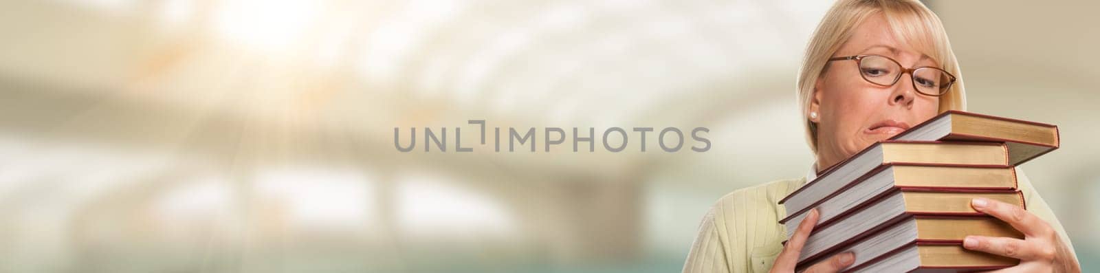 Banner of Beautiful Expressive Student or Businesswoman with Books.