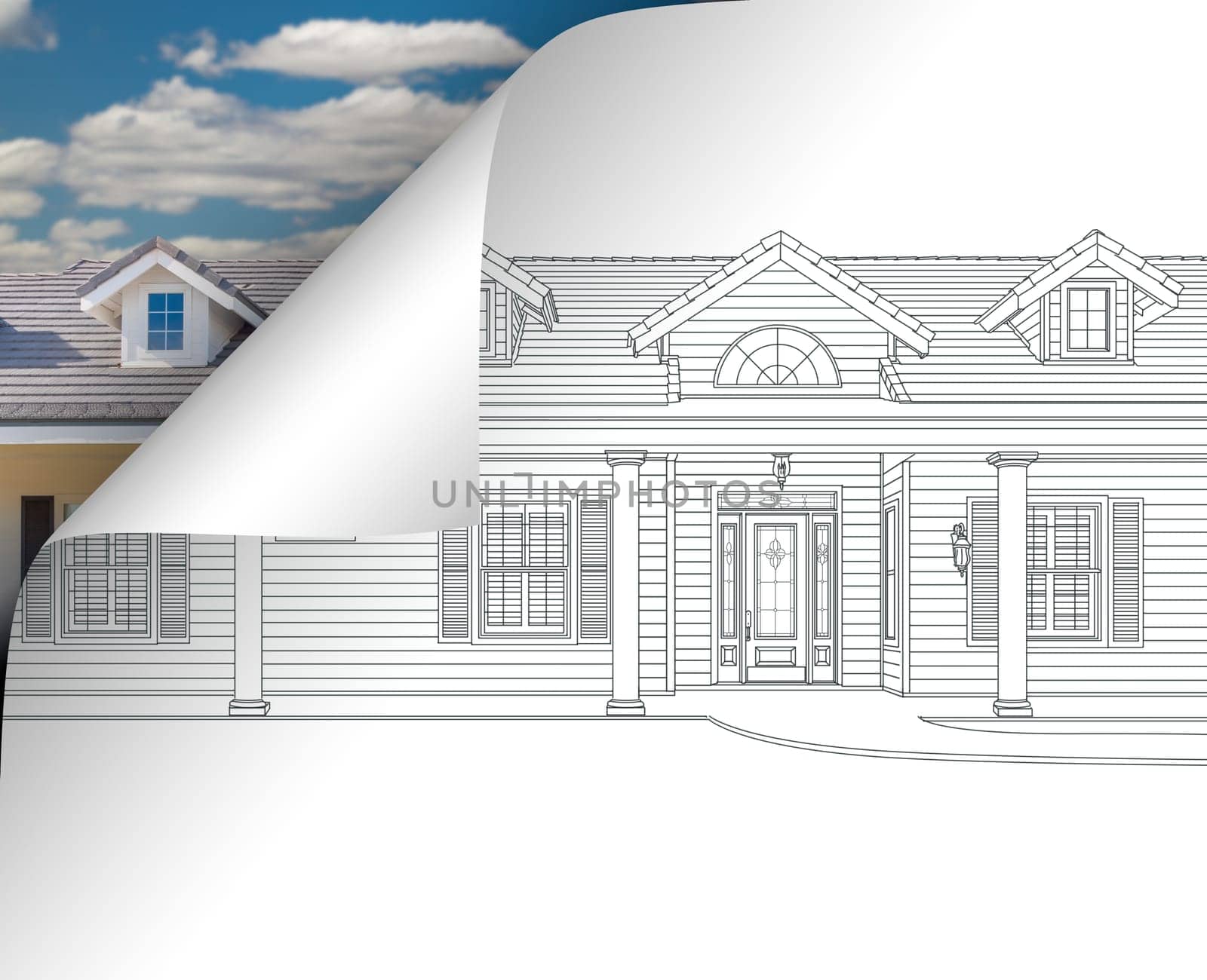 House Drawing Page Corner Flipping with Photo Behind.