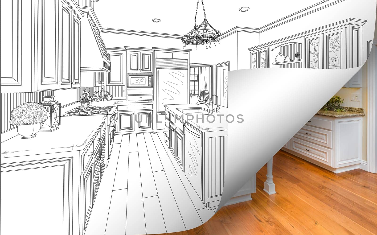 Kitchen Drawing Page Corner Flipping with Photo Behind.