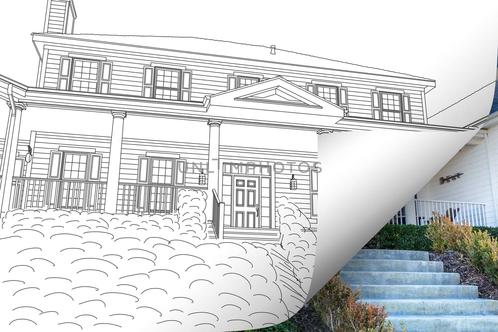 House Drawing Page Corner Flipping with Photo Behind.
