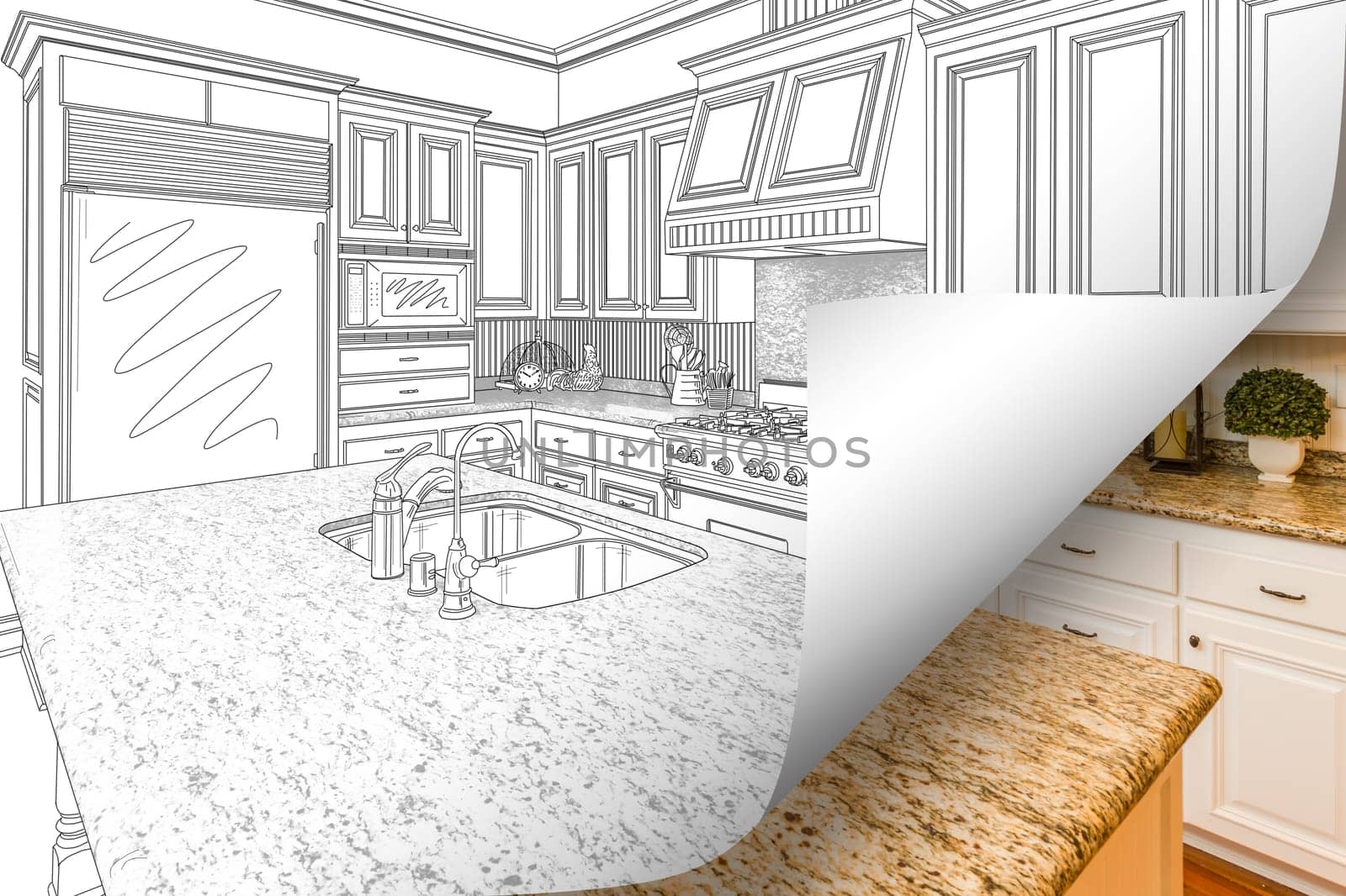 Kitchen Drawing Page Corner Flipping with Photo Behind.