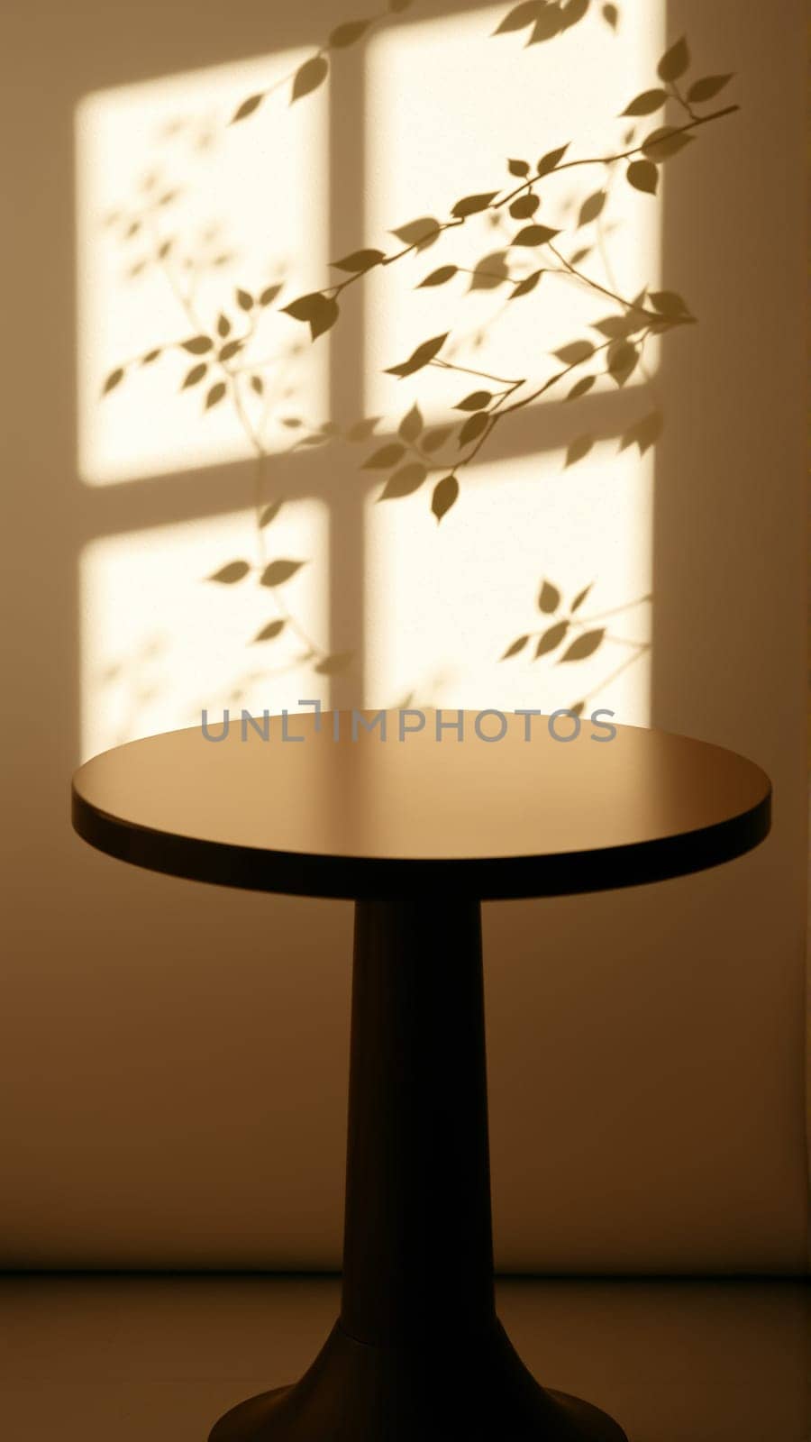 A simple wooden table with a round top filled with a coating that provides sunlight. The delicate shadows of leafy branches play on the textured cream wall in the background. High quality photo