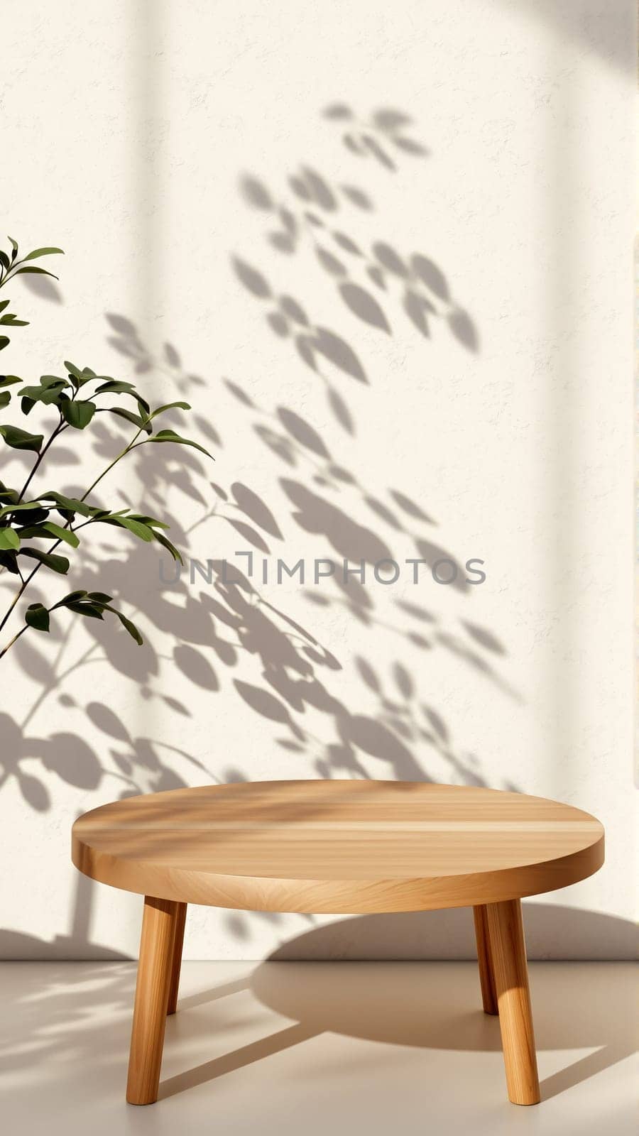 A simple wooden table with a round top filled with a coating that provides sunlight. The delicate shadows of leafy branches play on the textured cream wall in the background. High quality photo