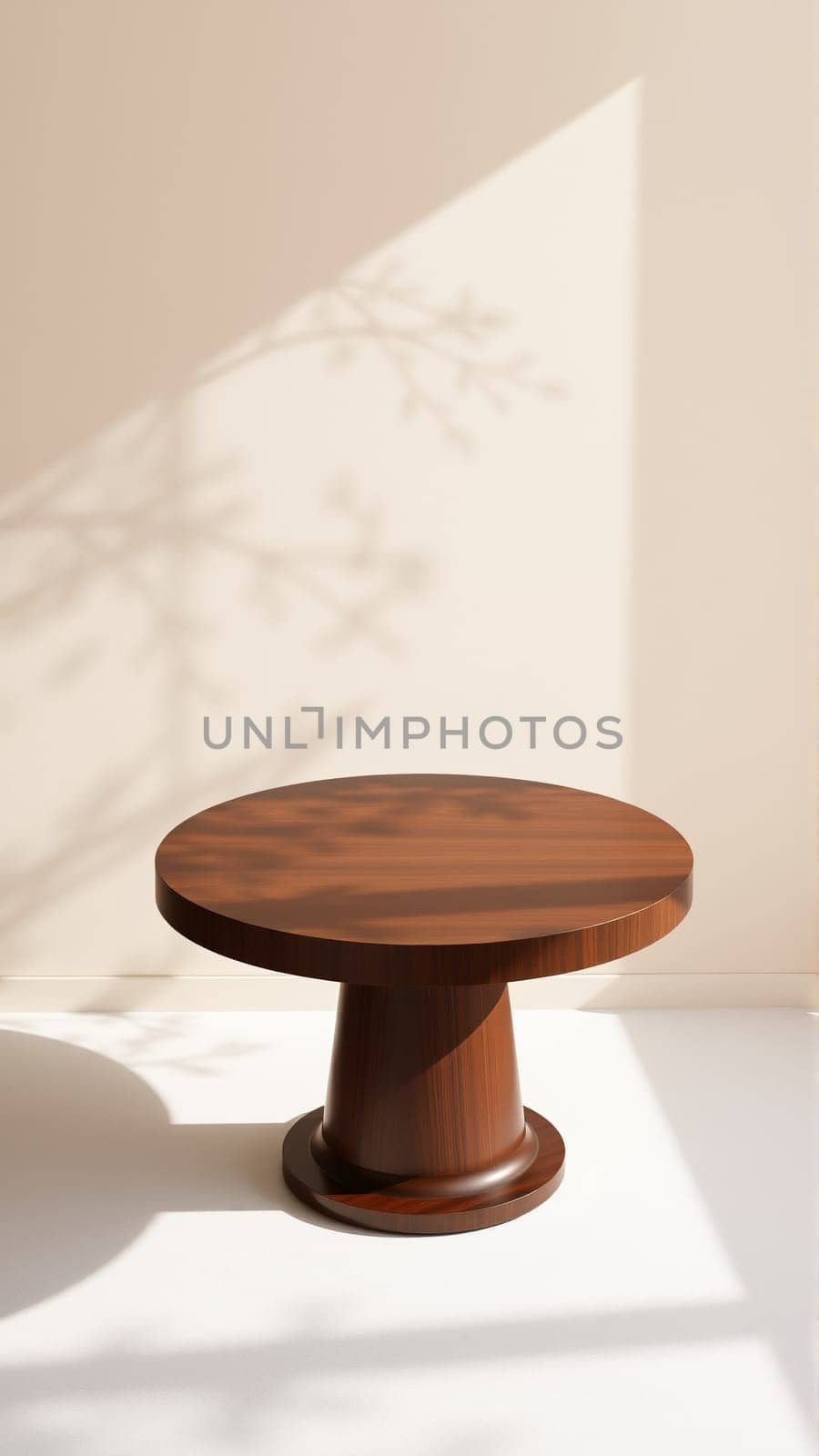 A simple wooden table with a round top filled with a coating that provides sunlight. The delicate shadows of leafy branches play on the textured cream wall in the background. High quality photo