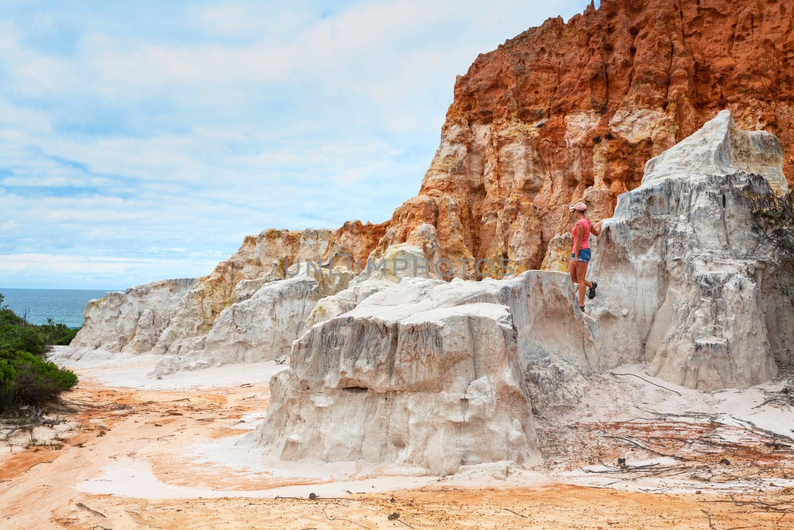 Remarkable red and whie rock formations in Ben Boyd, Eden Australia