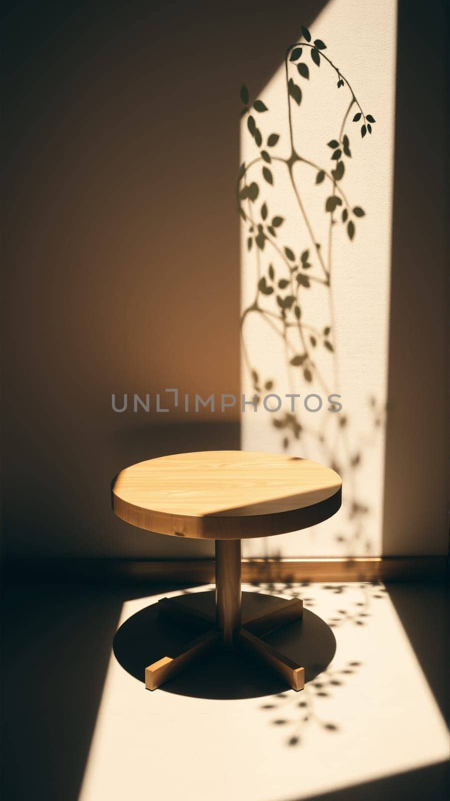 A simple wooden table with a round top filled with a coating that provides sunlight. The delicate shadows of leafy branches play on the textured cream wall in the background. High quality photo