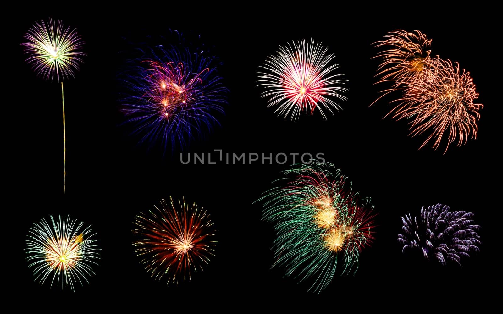 Eight colorful fireworks on black background