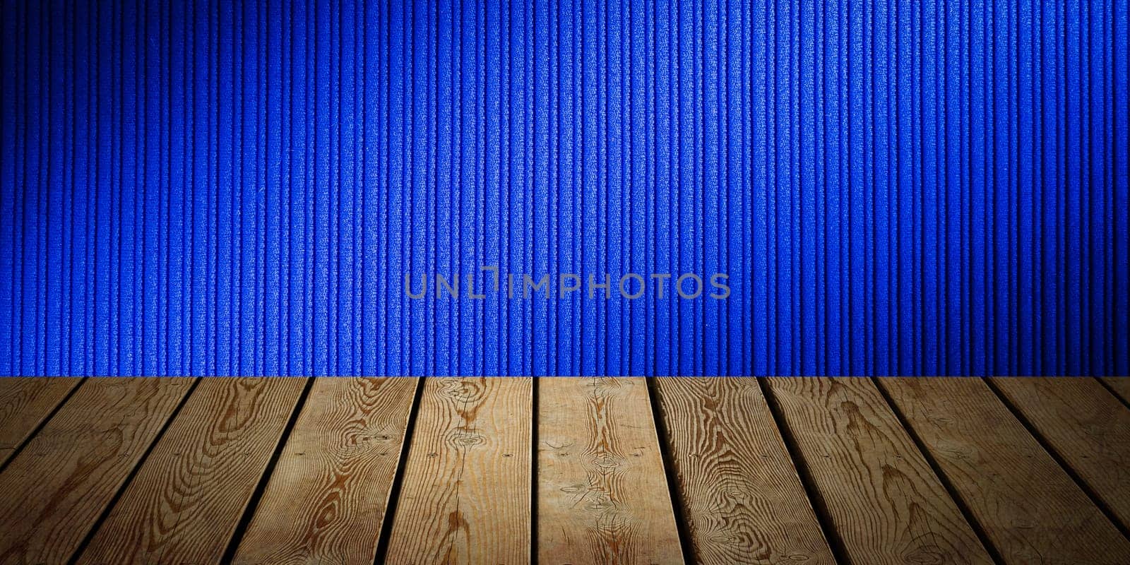 The background is blank wooden boards and a textured striped wall with gradient lighting and vignetting. For product demonstrations, free space, layout, mockup, perspective board, background board.